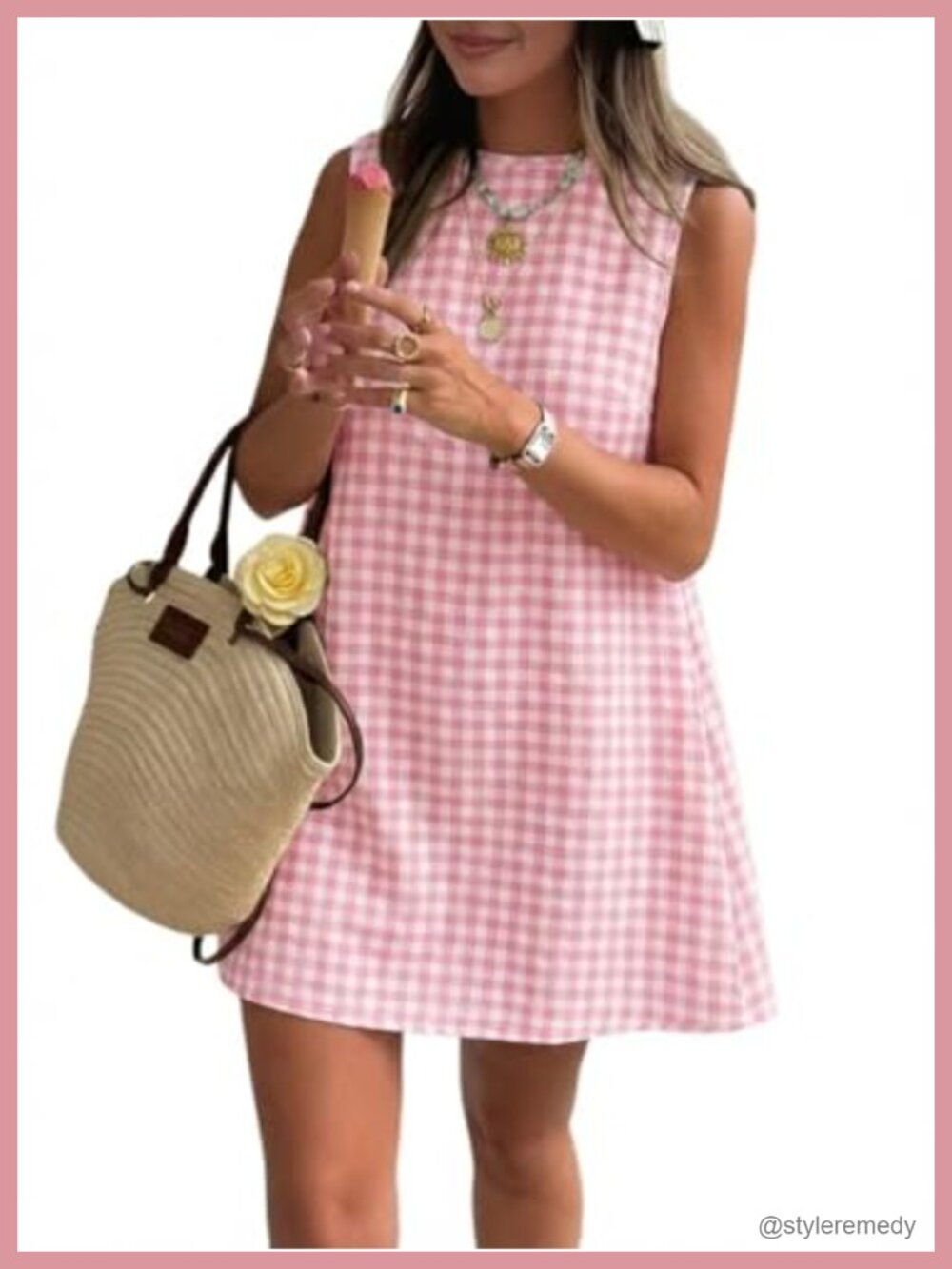 Womens Gingham Cotton Mini Sundress Sleeveless High Neck Casual Dress